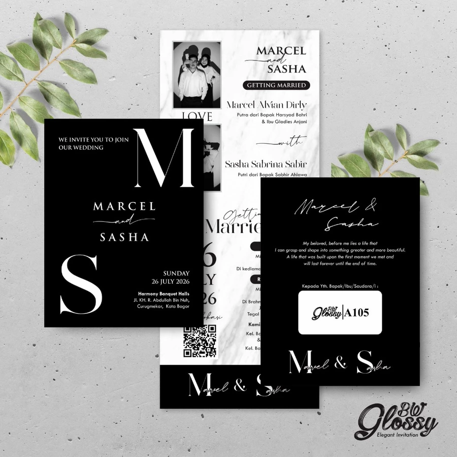 UNDANGAN PERNIKAHAN CUSTOM - UNDANGAN NIKAH GLOSSY BW A SERI 3 - SURAT NIKAH ELEGANT - Gambar 5