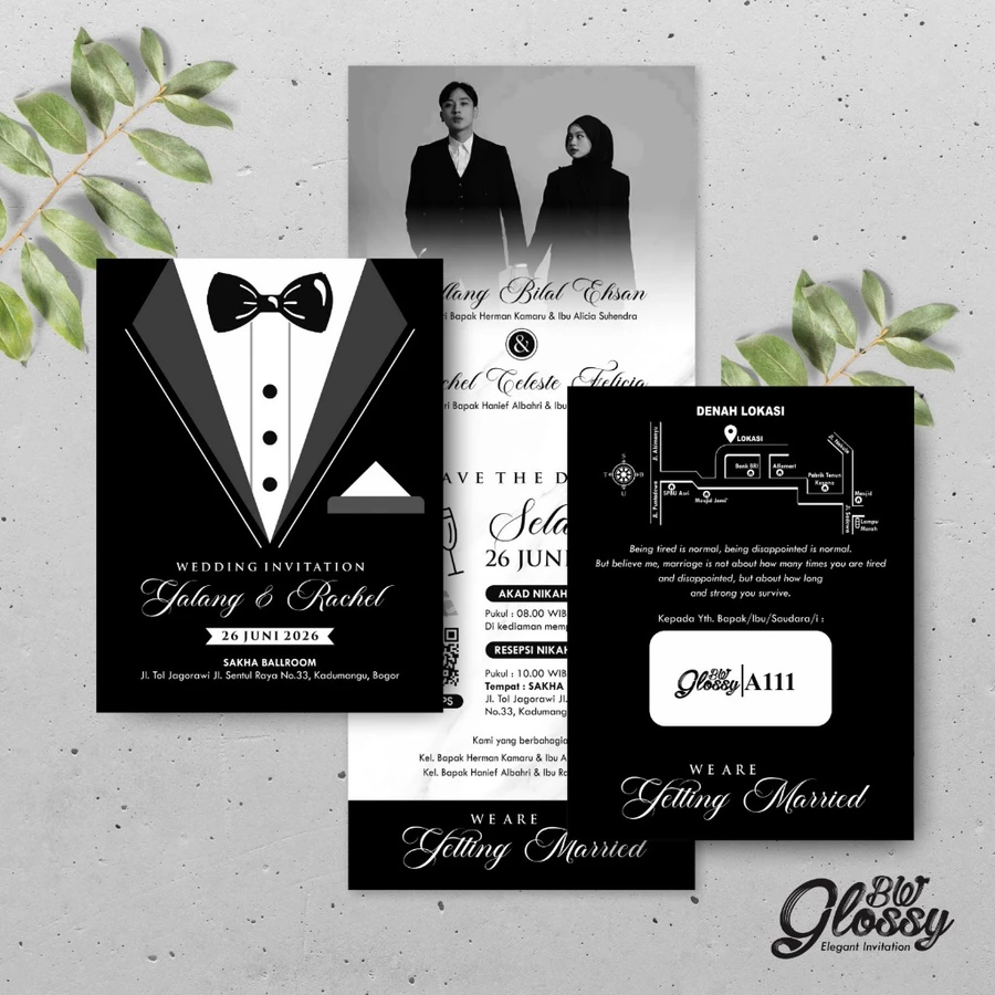 UNDANGAN PERNIKAHAN CUSTOM - UNDANGAN NIKAH GLOSSY BW A SERI 3 - SURAT NIKAH ELEGANT - Gambar 3