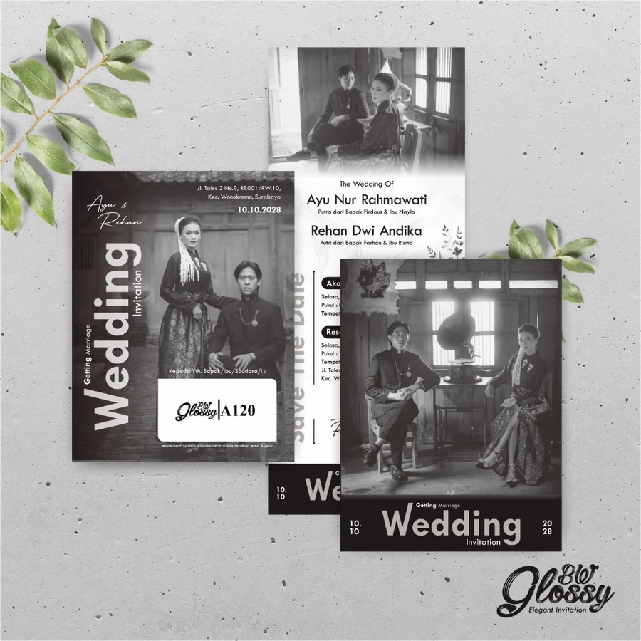UNDANGAN PERNIKAHAN CUSTOM - UNDANGAN NIKAH GLOSSY BW A SERI 3 - SURAT NIKAH ELEGANT - Gambar 2