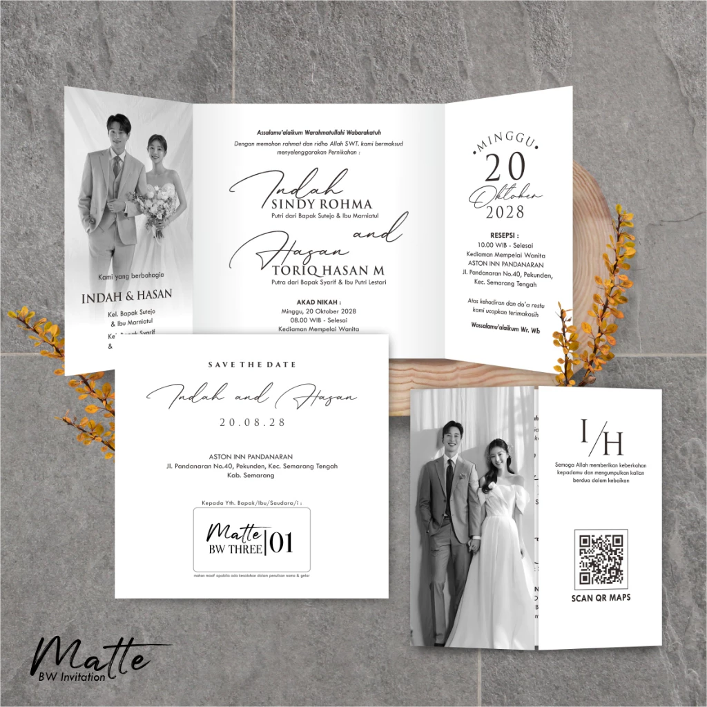 UNDANGAN PERNIKAHAN SIMPLE AESTHETIC - UNDANGAN NIKAH FOTO MURAH MATTE BW THREE - Gambar 2