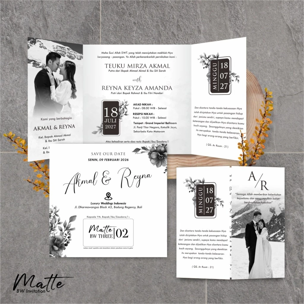 UNDANGAN PERNIKAHAN SIMPLE AESTHETIC - UNDANGAN NIKAH FOTO MURAH MATTE BW THREE - Gambar 3