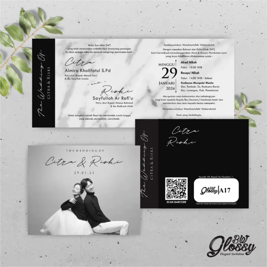 Undangan Pernikahan Glossy Hitam Putih Free Foto Art Paper Gramatur 190 Glossy BW Seri 1